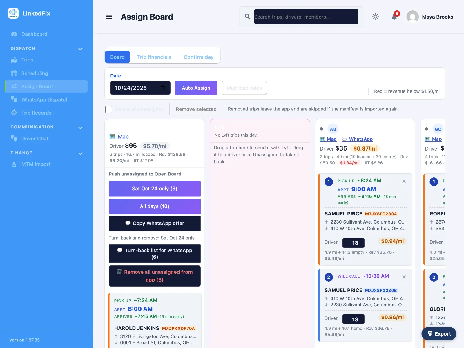 LinkedFix Assign Board: drag trips onto drivers, with pay and revenue on every card