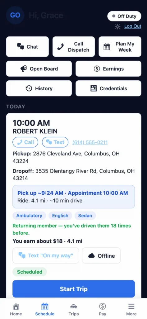 LinkedFix driver app: today’s trip with pickup plan and earnings