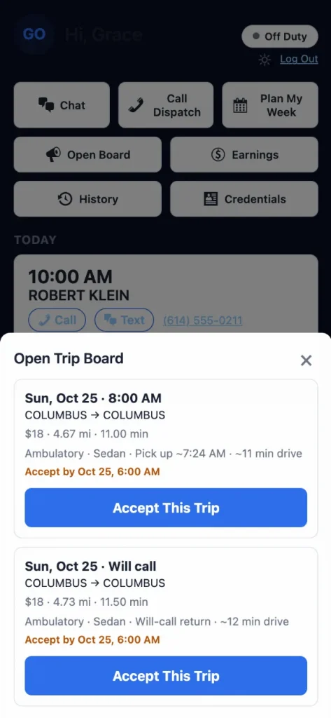 LinkedFix driver app: Open Trip Board