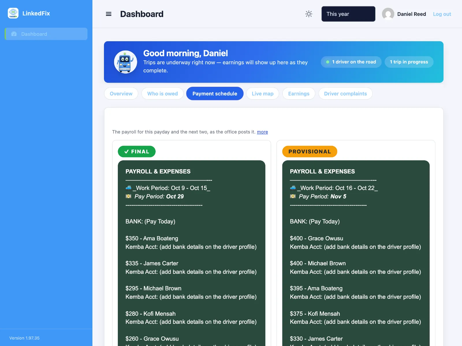 LinkedFix payroll schedule, marked FINAL or PROVISIONAL