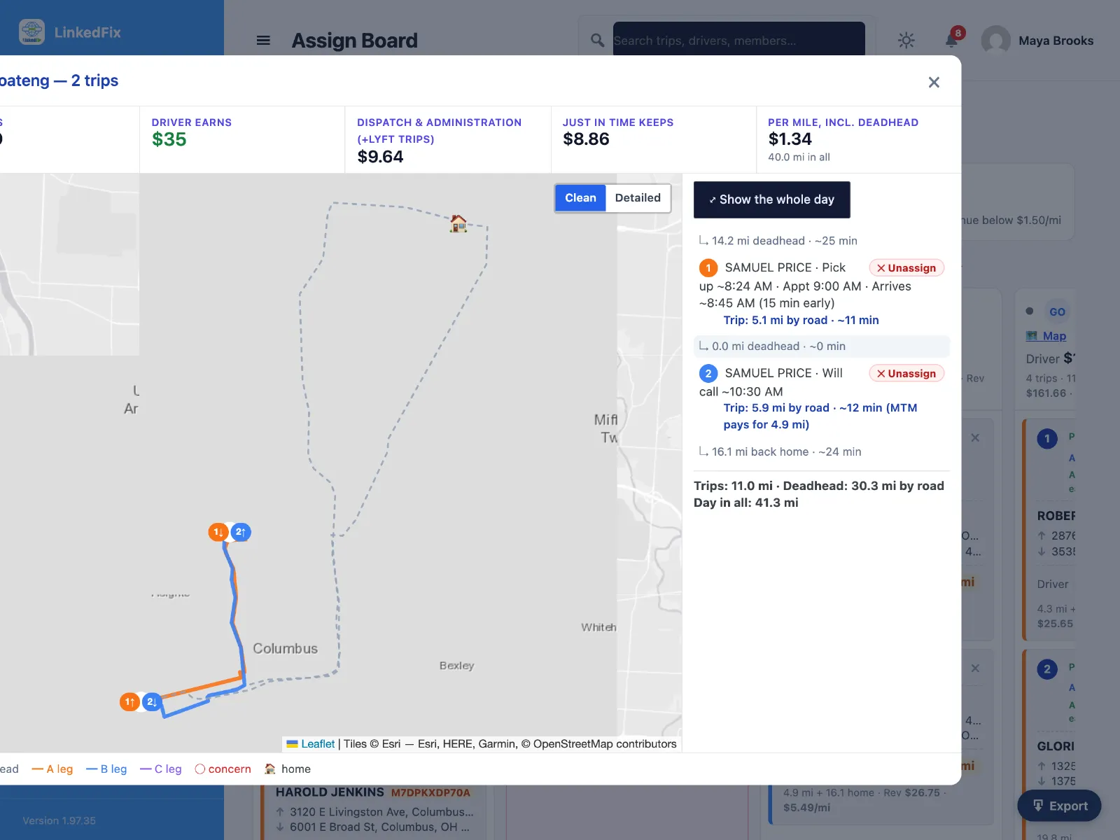 LinkedFix driver day map with legs, deadhead and earnings