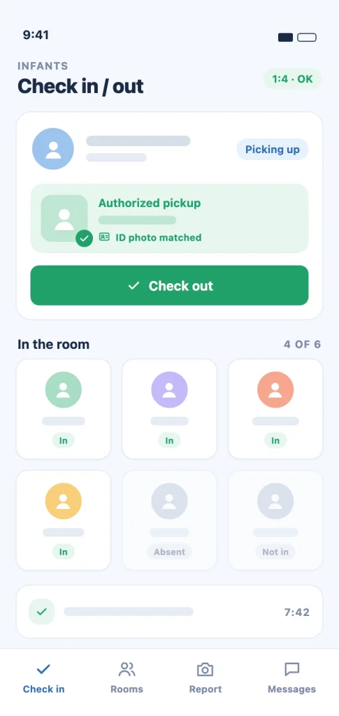 Illustration of LinkedFix Preschool check-out on a phone: authorized pickup with ID photo match and the children in the room