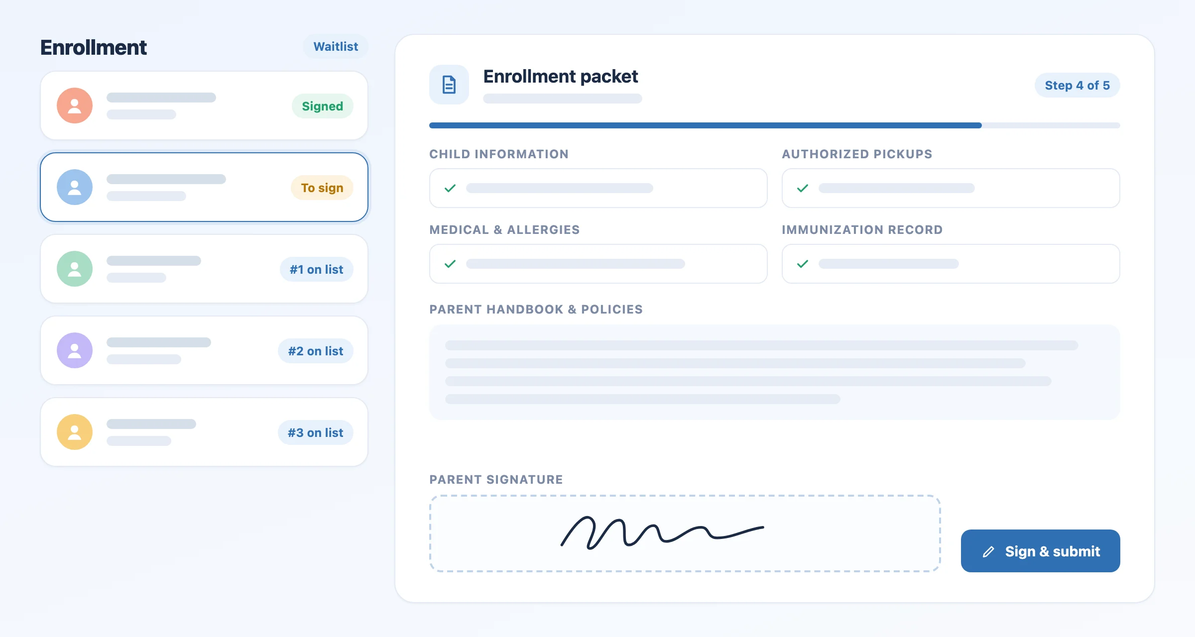 Illustration of LinkedFix Preschool online enrollment: a waitlist and an enrollment packet with a parent e-signature
