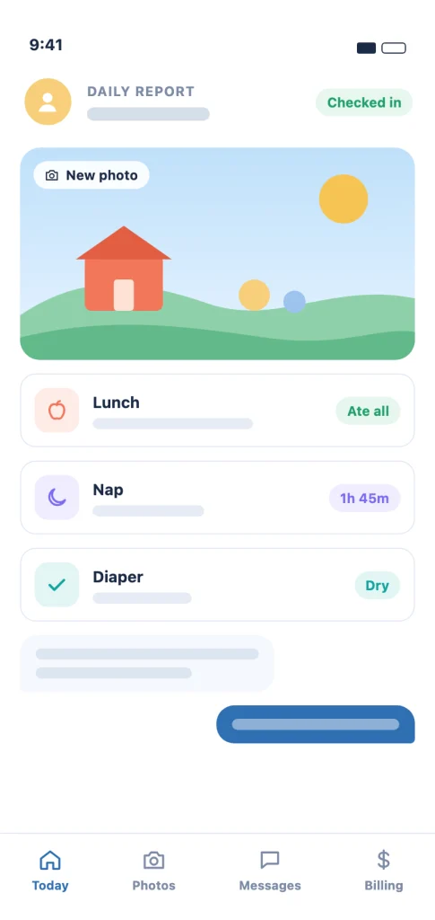 Illustration of the LinkedFix Preschool parent app: daily report with photo, meals, nap, diaper and messages